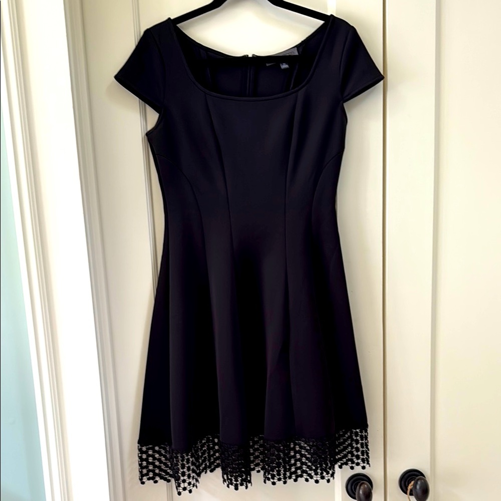 Donna Ricco Black Scuba Midi Dress with Dot Lace Hem Size 10 NWOT